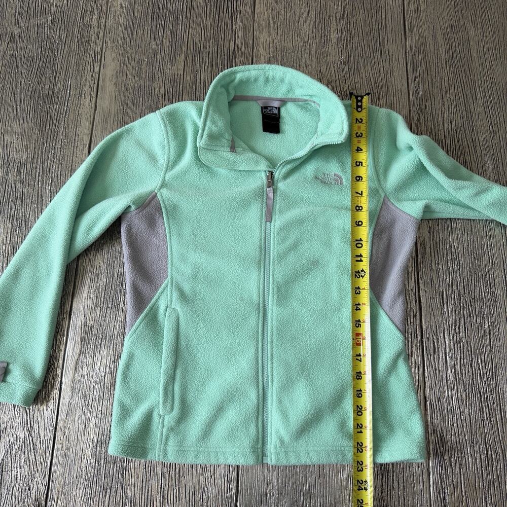 North Face Jacket Girls Large L Green Grey Fleece Full Zip Logo Zippered Pockets - Picture 2 of 7